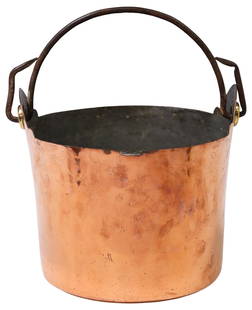 ENGLISH VICTORIAN COPPER, BRASS & CAST IRON BUCKET: English Victorian copper and brass bucket, late 19th c., equipped with cast iron bail handle, approx 9.25"h, 10"w, 9.25"d, 3.25bs