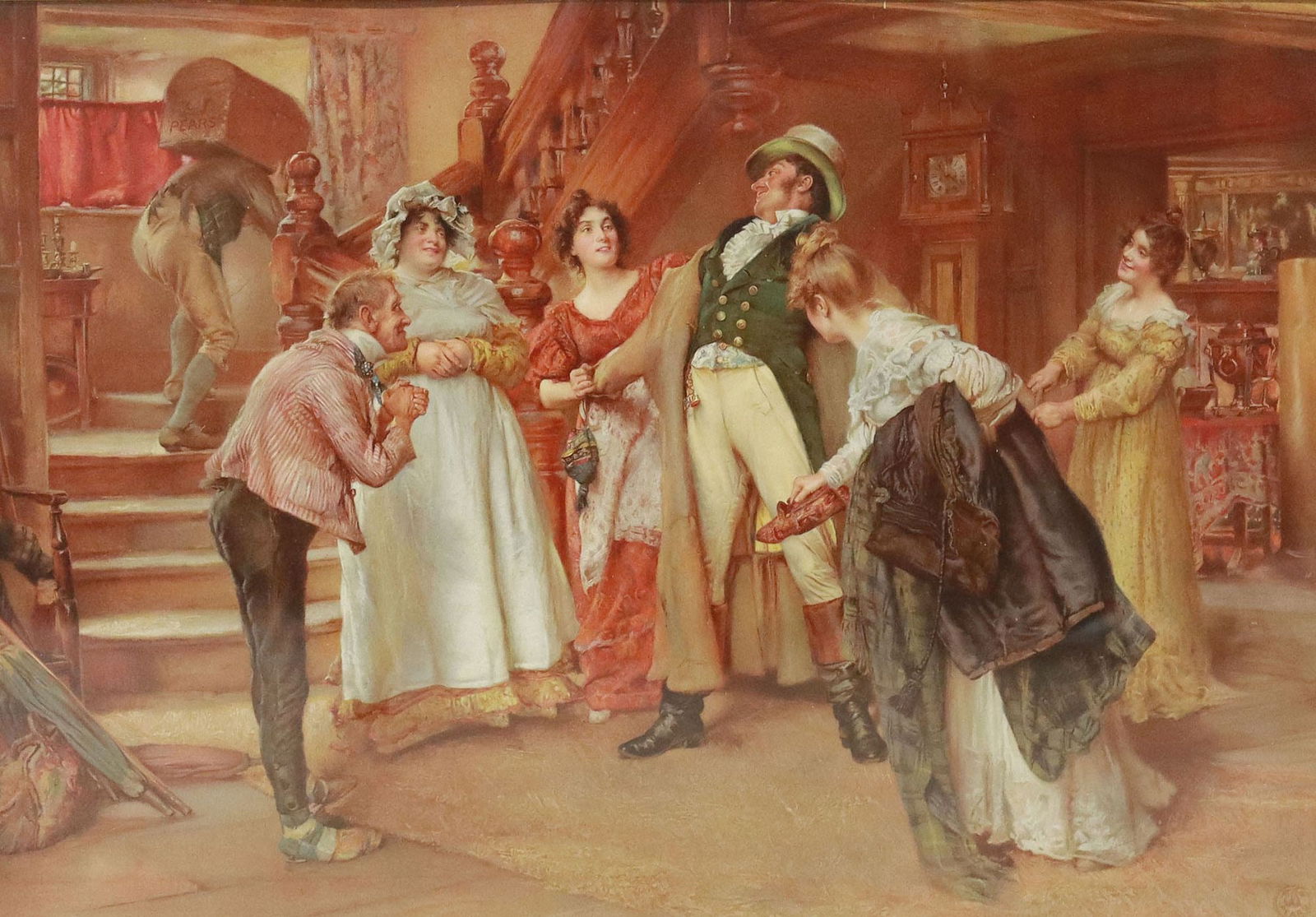 VICTORIAN PEAR'S SOAP ADVERTISING CHROMOLITHOGRAPH: Framed chromolithograph on paper, "A Hearty Welcome," after Edgar Bundy (English, 1862-1922), advertisement for Pear's Soap, sight: approx 19"h, 27.5"w, overall: 26.75"h,