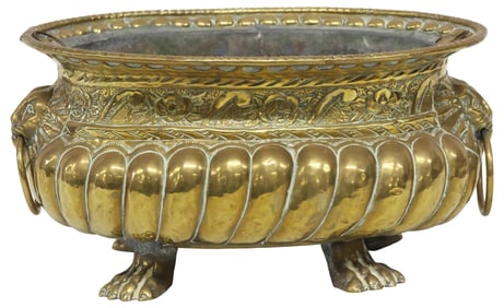 ENGLISH BRASS REPOUSSE LION MASK JARDINIERE/ PLANTER