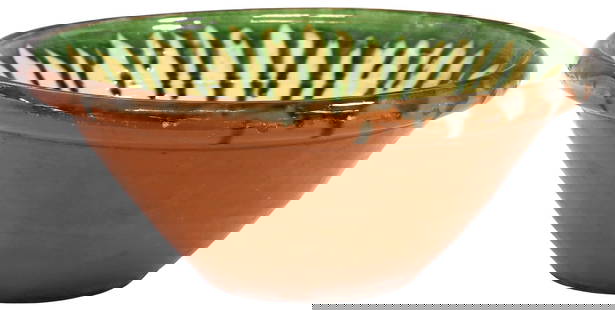 SMALL ENGLISH GLAZED TERRACOTTA PANCHEON / DAIRY BOWL: Small English glazed terracotta pancheon/ dairy bowl, with a partial green and yellow-glazed interior, approx 4.75&quot;h, 11.25&quot;diam, 4lbs