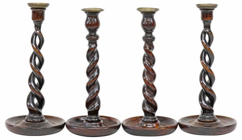(4) ENGLISH CARVED OAK & BRASS BARLEY TWIST CANDLESTICKS