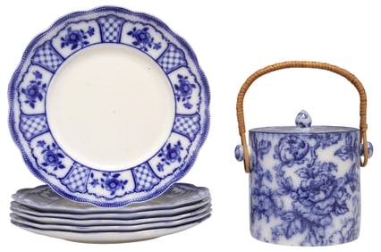 (7) ENGLISH FLOW BLUE DINNER PLATES & BISCUIT BARREL