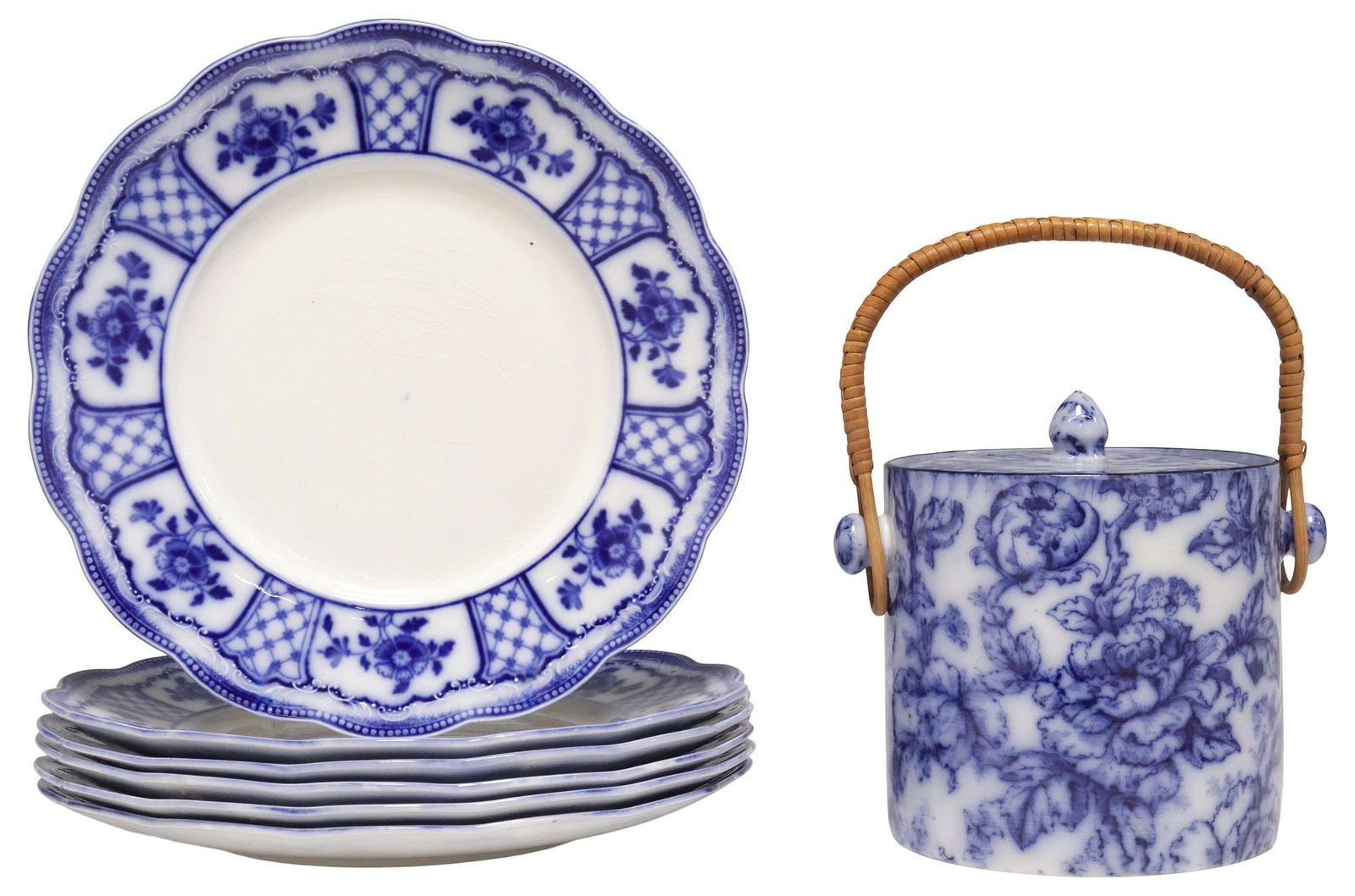 (7) ENGLISH FLOW BLUE DINNER PLATES & BISCUIT BARREL (1 of 4)