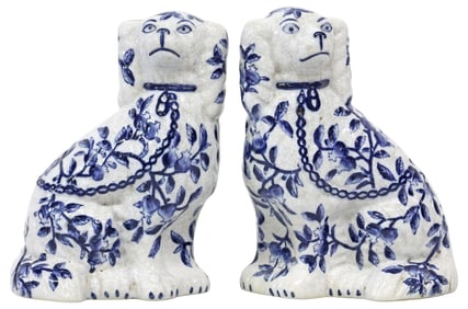 (2) ENGLISH STAFFORDSHIRE BLUE & WHITE MANTEL DOGS
