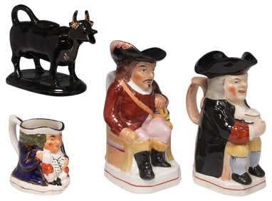 (4) ENGLISH STAFFORDSHIRE TOBY JUGS & JACKFIELD COW CREAMER