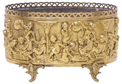 ENGLISH BRASS REPOUSSE CHERUBS PLANTER / JARDINIERE