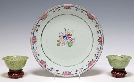 (3) CHINESE GREEN HARDSTONE BOWLS & ENAMELED EXPORT PLATE