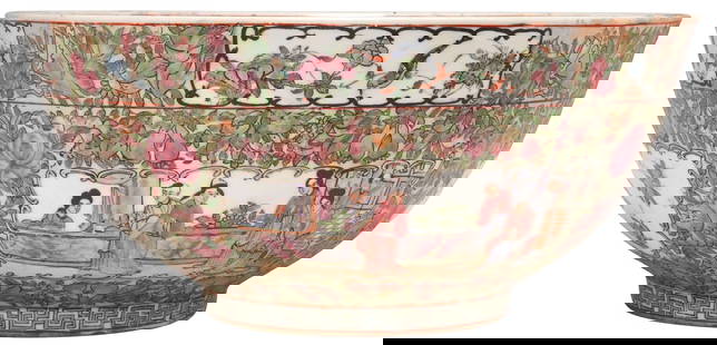 CHINESE CANTON FAMILLE ROSE PORCELAIN MANDARIN BOWL: Chinese Canton rose porcelain mandarin bowl, enameled reserves depicting figural courtyard scenes, among floral medallions, foliate vines, birds, and butterfly motifs, approx 6.5"h, 14.25"di