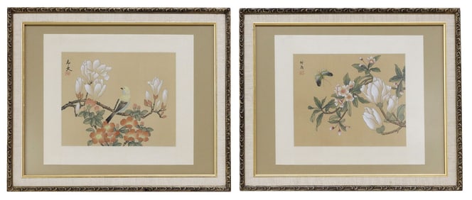 (2) FRAMED CHINESE BOTANICAL WATERCOLOR & INK PAINTINGS ON SILK