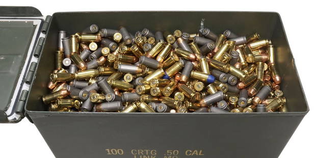 (1500 ROUNDS) AMMO, .40 S&W CARTRIDGES: Ammunition: Approx. 1500 S&W .40 caliber flat nose cartridges, headstamps of some cartridges include Win, USA, Tulmmo, R&P, all housed unboxed in U.S. Army steel ammo box approx.