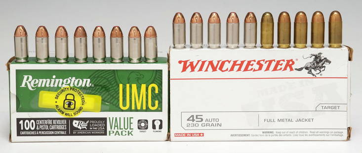 (131) AMMO, .45 AUTO CALIBER CARTRIDGES: (lot of 131) Ammunition:&nbsp;(64) Remington UMC .45Auto, 230 gr FMJ cartridges;&nbsp;(49) Winchester boxed .45 Auto FMJ 230 gr cartridges;&nbsp;(13) Hornady .45 Auto cartridges; (5) Aguila .45 Auto c