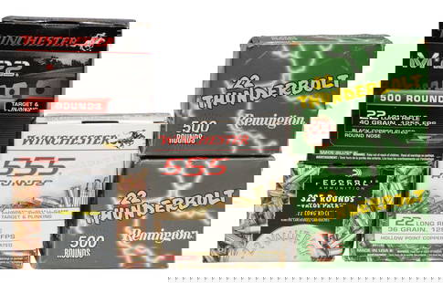 (2255) AMMO, .22LR CALIBER: (2255&nbsp;cartridges) Ammunition: All .22LR caliber, (1055 rounds) housed in unopened Winchester M22 500 round box and unopened Winchester 555 round box; (500 rounds) unopened Remington Thunderbolt 5