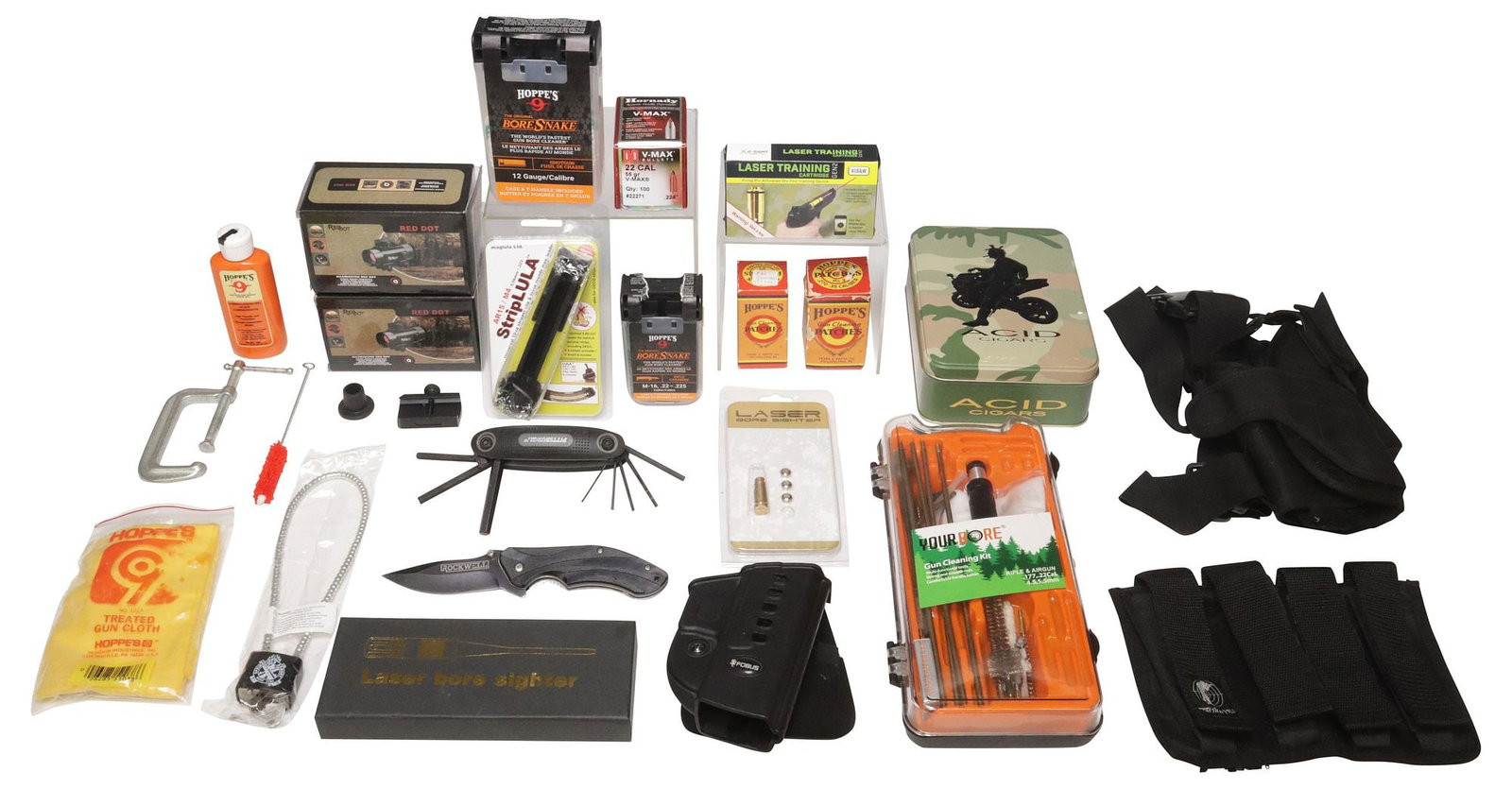 FIREARM ITEMS, RED DOT SIGHTS, LASER BORE SIGHTS, MANY MISC, ITEMS: (lot) Firearm Tools & Supplies: (1) Red Dot Sight with box, marked 19m @ 100m, operates with both red and green dot; (1) Overlord Tactical sight, operates with both red and green dot, now hou