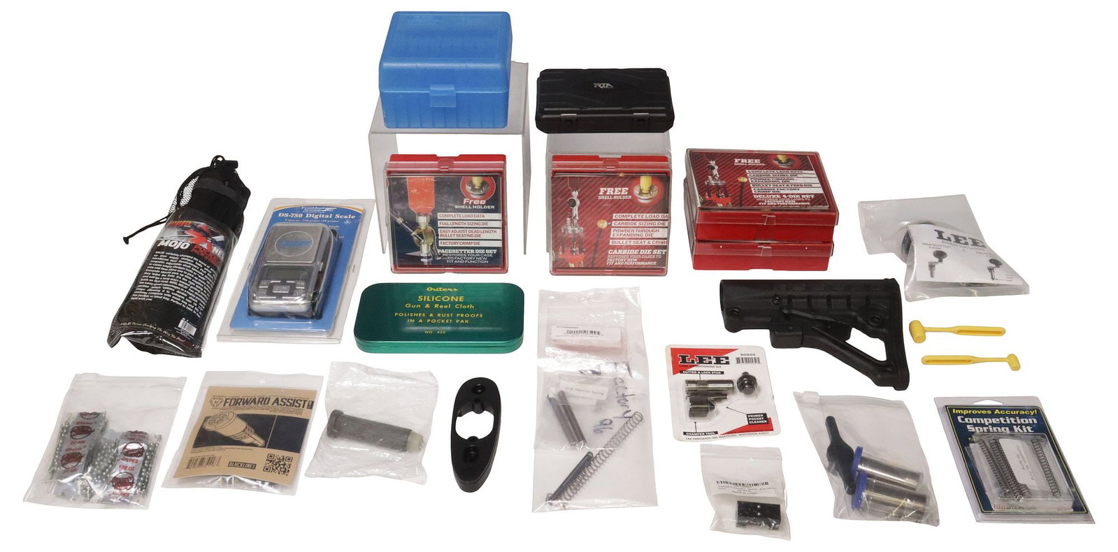 FIREARM ITEMS, RELOAD DIES, SHOTGUN CHOKES, MORE: (lot) Firearm related items: (4) Lee reloader Pace Die Sets, .223 Remington and .40 S&W, .45ACP and .45 Auto RIm, 9MM Luger and Parabellum; (1) Franklin Arsenal DS-750 Digital Scale