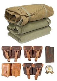 (9) MILITARY EQUIPMENT: CARTRIDGE BOXES, U.S. SLEEPING BAGS & BLANKET