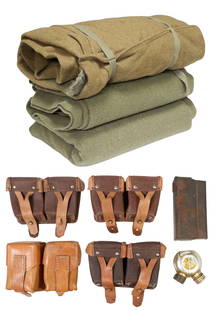 (9) MILITARY EQUIPMENT: CARTRIDGE BOXES, U.S. SLEEPING BAGS & BLANKET: (lot of 9) Collection of military equipment, including:Â (6) cartridge boxes and magazine, comprising:Â (three) Russian Mosin-Nagant double cartridge boxes; (one) German Mauser 48 double cartr