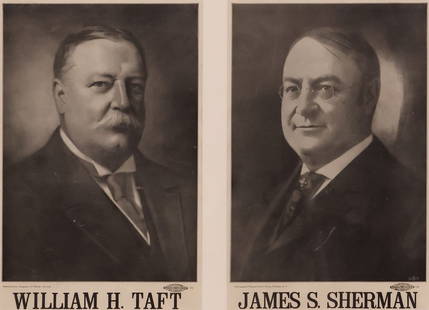 FRAMED PRESIDENTIAL JUGATE POSTERS, WILLIAM H. TAFT & JAMES S. SHERMAN: Framed political portrait posters on paper, two posters housed in single frame, each printed by Allied Printing, New York City, including: (one) William H. Taft (William Howard Taft, 27th President of