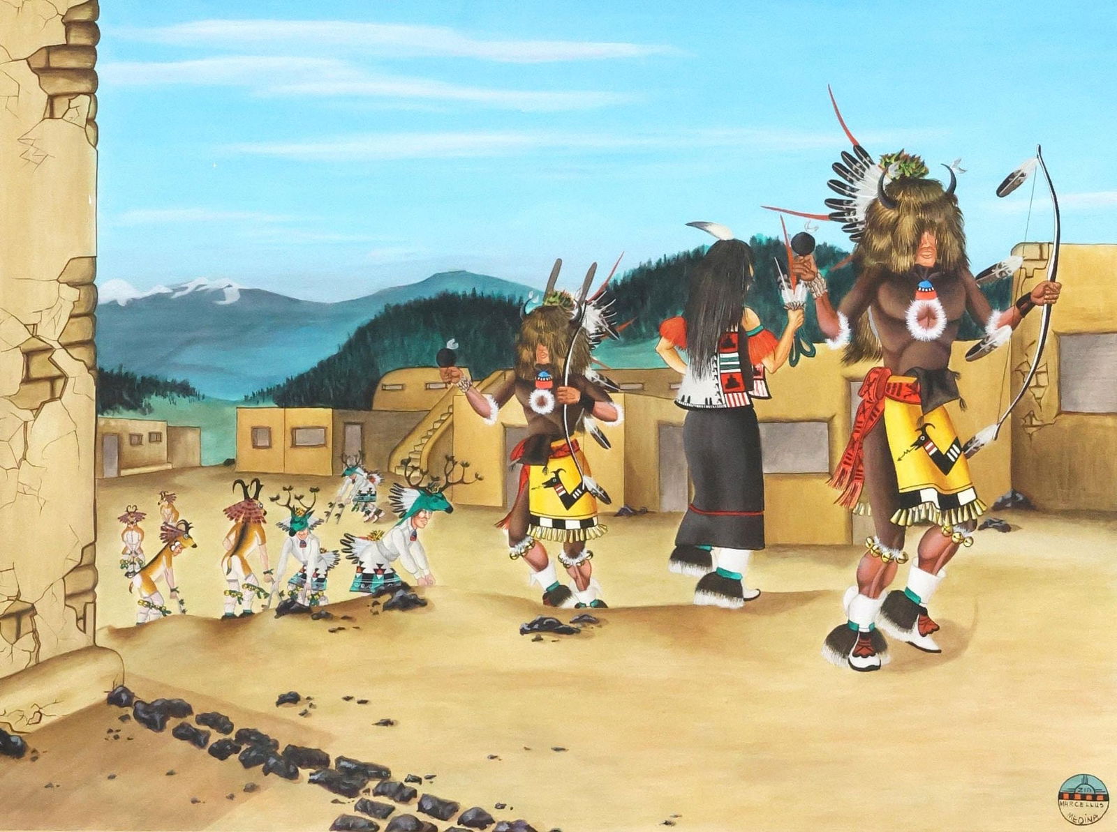 MARCELLUS MEDINA (B.1954) PUEBLO WAR DANCERS PAINTING (1 of 5)