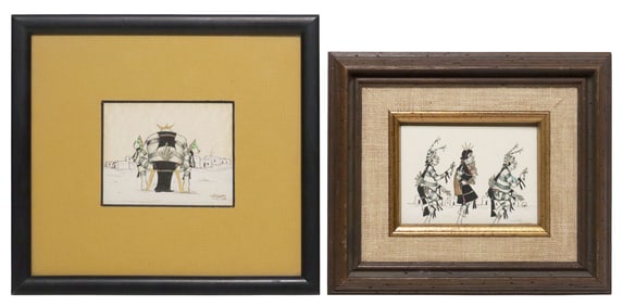 (2) JOSE ROYBAL (D. 1978) AMERICAN INDIAN TEWA KOSHARE PAINTINGS