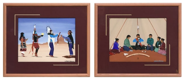 (2) LEWIS BROWN (B.1945) NAVAJO PAINTINGS, YEI BI CHEI & PEYOTE CEREMONY
