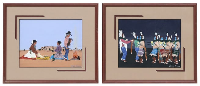 (2) LEWIS BROWN (B.1945) NAVAJO PAINTINGS, YEI BI CHEI & CORN GRINDING
