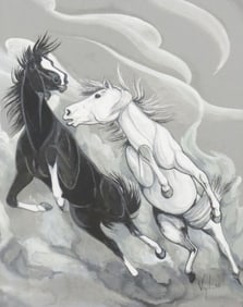 FRANK PAUL VIGIL (APACHE, 1922-1979) GOUACHE PAINTING, 'FIGHTING STALLIONS'