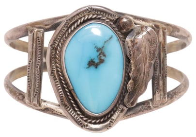 NATIVE AMERICAN SILVER & BLUE GEMSTONE OPENWORK CUFF BRACELET