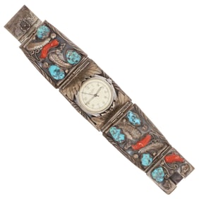NATIVE AMERICAN SILVER, TURQUOISE & RED CORAL HINGED WATCH CUFF