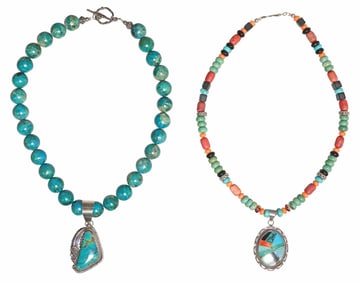 (2) PATRICIA PLATERO & MARY TOLEDO NAVAJO BEADED STERLING PENDANT NECKLACES