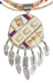 SOUTHWEST SILVER FEATHER PENDANT ON MULTI-STRAND BEADED NECKLACE