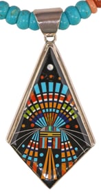 SOUTHWEST STYLE MICRO-INLAID STERLING SILVER PENDANT NECKLACE