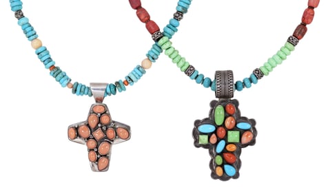 (2) SOUTHWEST STYLE STERLING & MULTI-STONE BEADED CROSS PENDANT NECKLACES