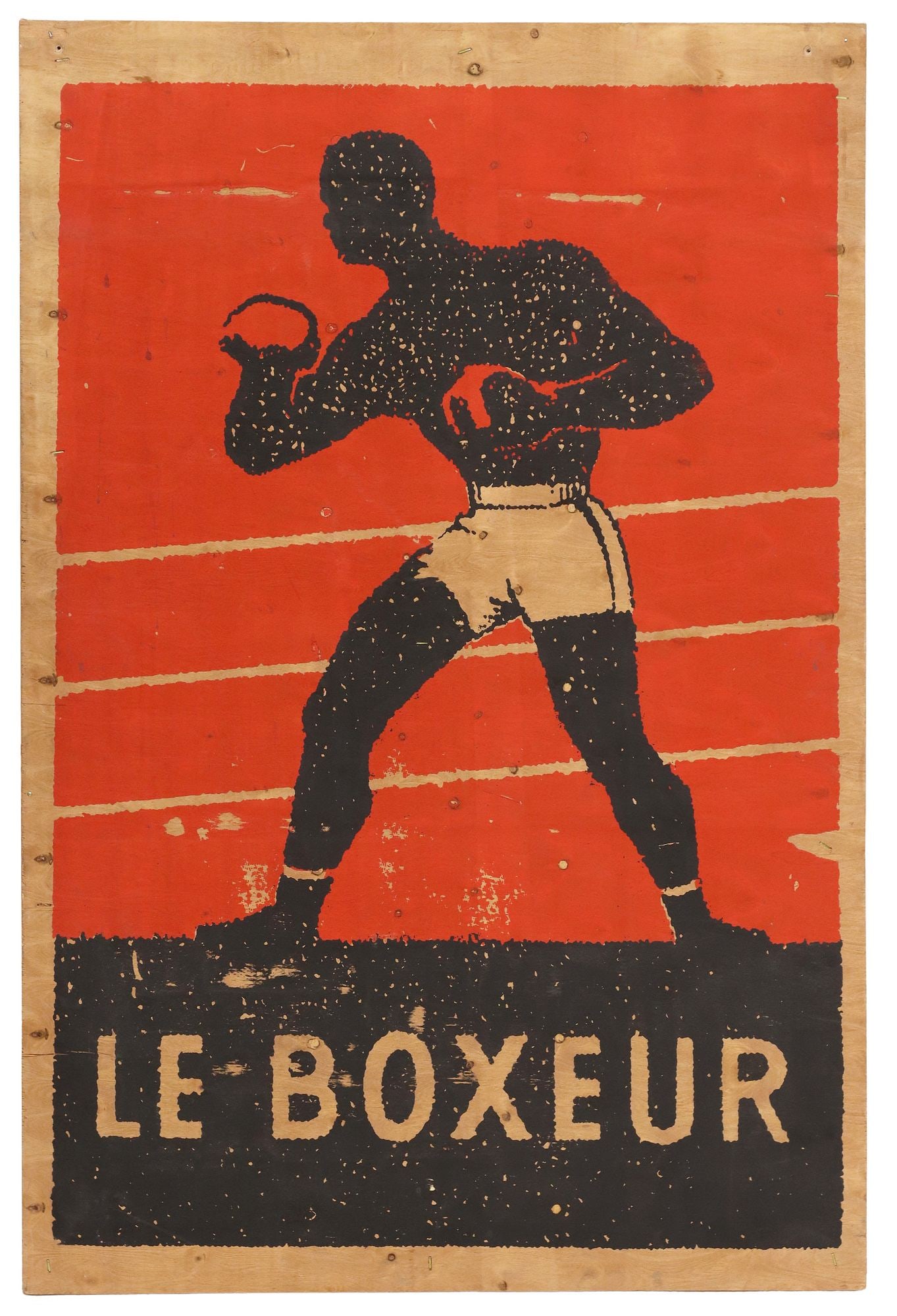 BILLY BISHOP (20TH C.) SCREENPRINT ON WOOD 'LE BOXEUR': Gallery-mounted silkscreen print on wood panel, "Le Boxeur," after the vintage French matchbox label, signed verso B. Bishop (Billy Bishop, American, active in Austin, Texas, 20th c.), overa