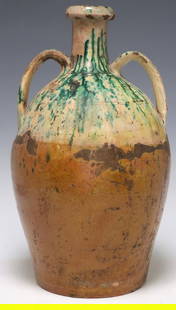 ITALIAN GLAZED EARTHENWARE AMPHORA: Italian terracotta&nbsp;storage vessel, narrow neck above the ribbed strap handles, white-slip with splashes of green, ochre-glazed base, approx 16.75&quot;h, 9.75&quot;diam, 8.25lbs