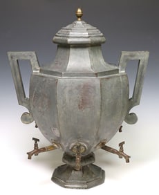 LARGE PEWTER SIX-SPOUT BEVERAGE DISPENSER, 19TH C.