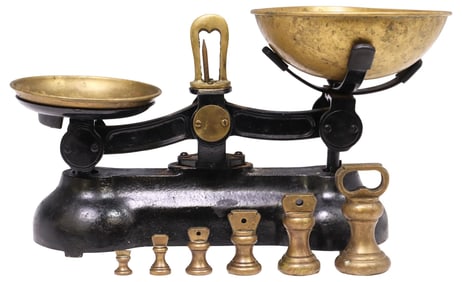 ENGLISH BRASS & CAST IRON BALANCE SCALES WITH WEIGHTS