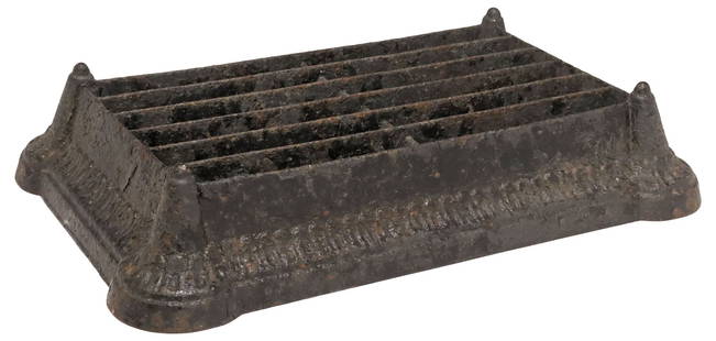ENGLISH VICTORIAN PAINTED CAST IRON BOOT SCRAPER: English Victorian cast iron boot scraper, late 19th c., in a worn black-painted finish, foliated trim with rounded corners and ball finials, framing horizontal grates, approx 4.25"h, 20.5"w,