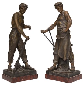 (2) AFTER EMILE PICAULT (1833-1915) SPELTER FIGURES MINER & BLACKSMITH