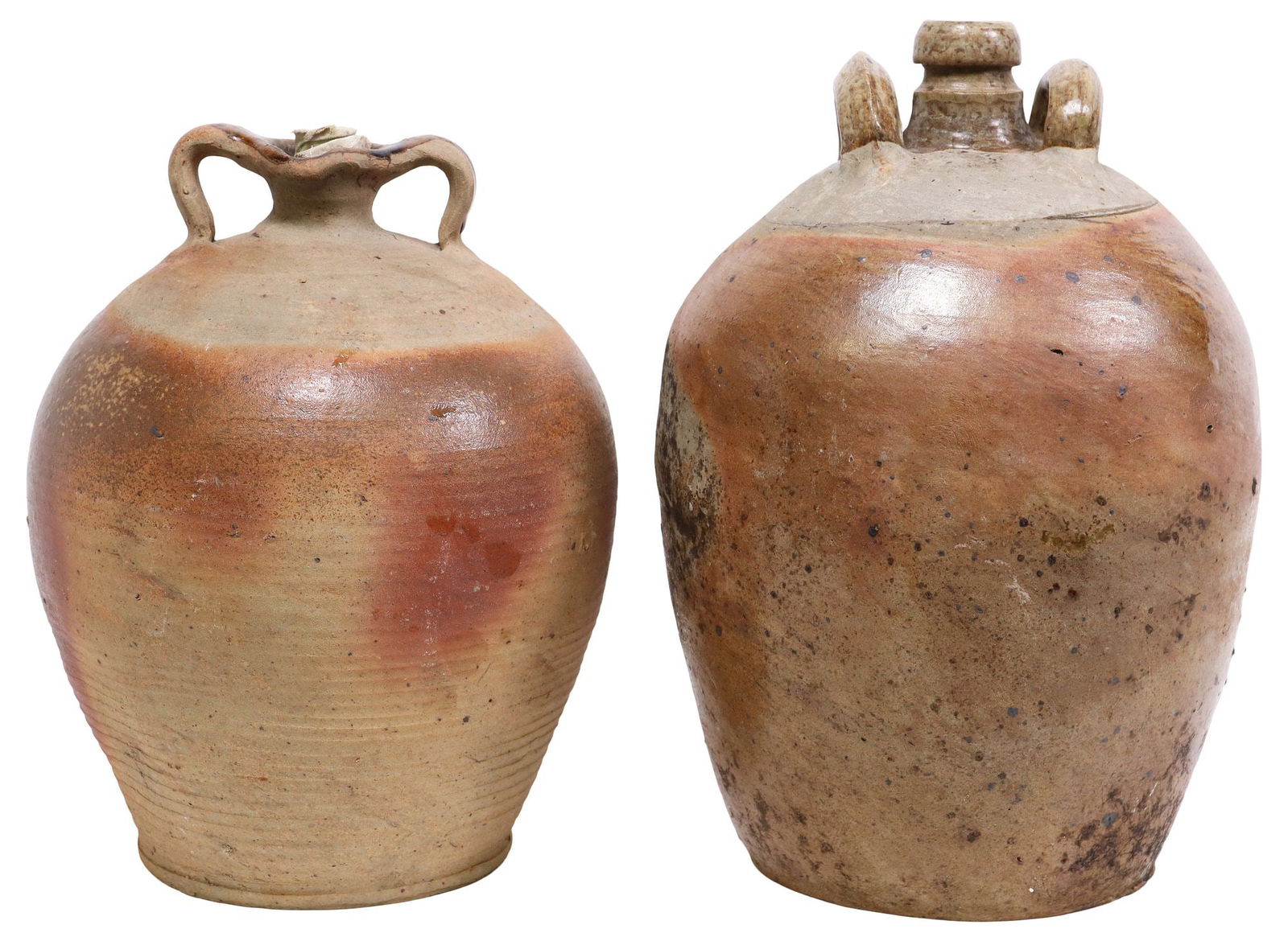 (2) FRENCH PROVINCIAL STONEWARE OIL JUGS: (lot of 2) French Provincial stoneware oil jugs, each with dual side handles over tapered body, largest: approx 14 3/8"h, 9.7"diam, 14lbs total