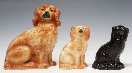 (3) ENGLISH VICTORIAN STAFFORDSHIRE MANTEL DOGS, JACKFIELD & ORANGE GLAZE