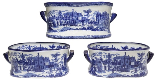 (3) DECORATIVE BLUE & WHITE TRANSFERWARE STREET SCENE FOOTBATHS