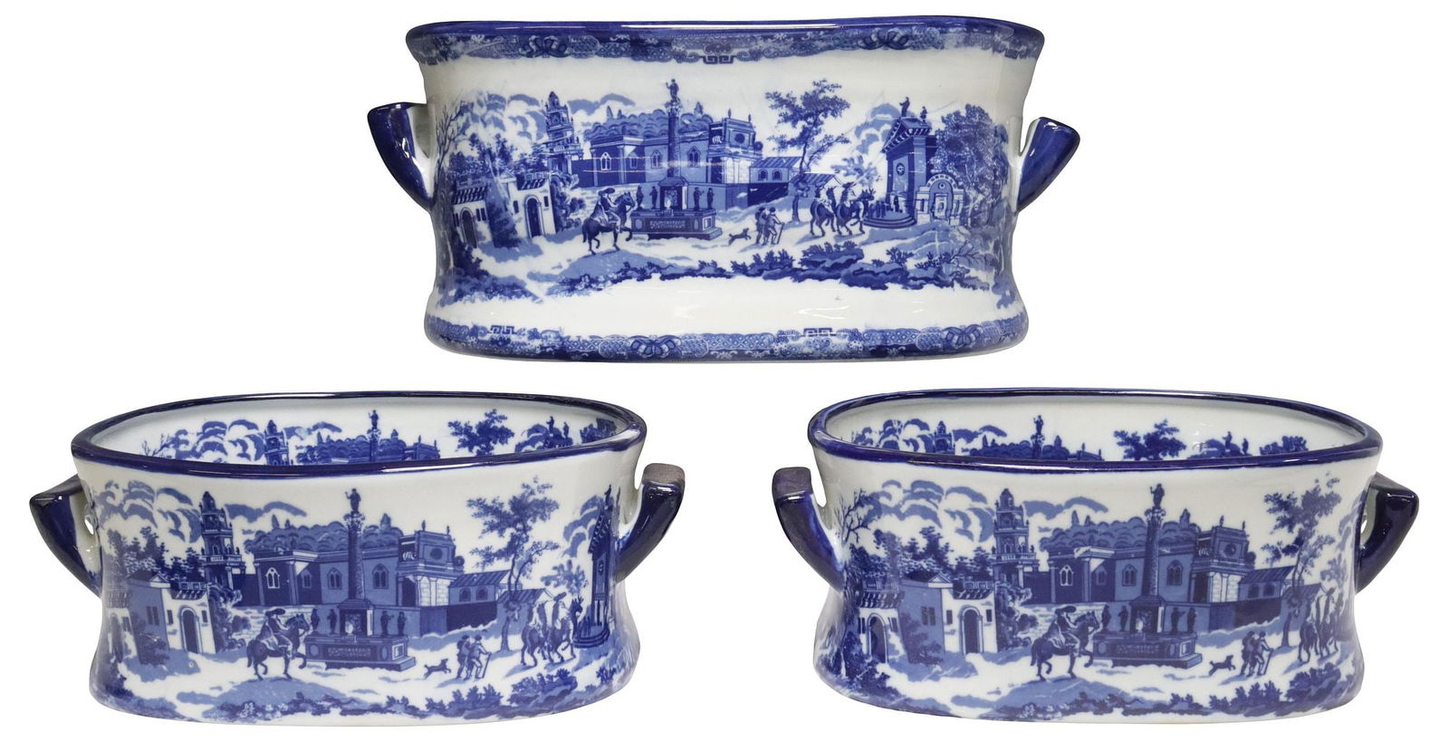 (3) DECORATIVE BLUE & WHITE TRANSFERWARE STREET SCENE FOOTBATHS (1 of 4)