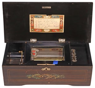 SWISS 4.5" CYLINDER GRAIN-PAINTED TABLETOP MUSIC BOX, SIX AIRS