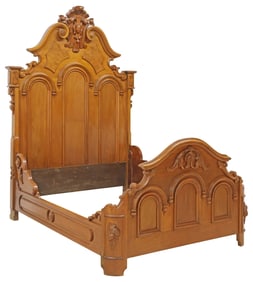 LARGE AMERICAN VICTORIAN CARVED WALNUT & BURLWOOD BED, 92.75"H