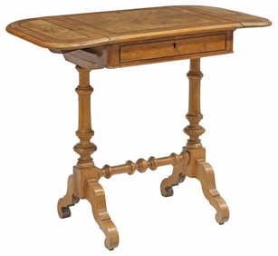 FRENCH LOUIS PHILIPPE PERIOD CARVED WALNUT DROP LEAF SEWING TABLE