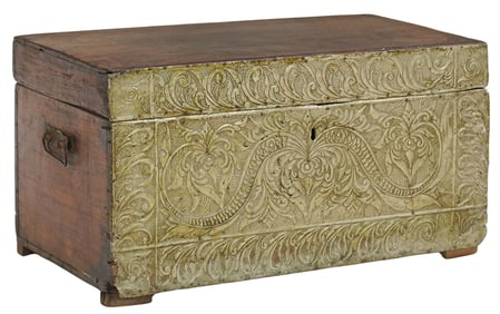 COLONIAL STYLE EMBOSSED METAL MOUNTED DOVETAILED STORAGE CHEST