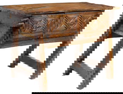 SPANISH TRESTLE-SUPPORT TABLE, 18TH C.: Spanish two-drawer work/console table, 18th c., top fashioned from a single board, two frieze drawers, trestle end supports, approx 27.5"h, 39"w, 22"d **Provenance: from a prominen