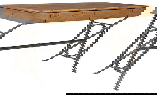 CUSTOM ALDER WOOD & IRONWORK PARTNERS DESK: Custom-made partners' desk, 21st c., solid alder wood top from Taos, New Mexico, with two frieze drawers on each long side, above the ironwork base in a bronze finish by blacksmith William Bastas