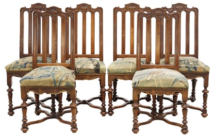 (6) FRENCH LOUIS XIV STYLE CARVED OAK TAPESTRY-SEAT SIDE CHAIRS