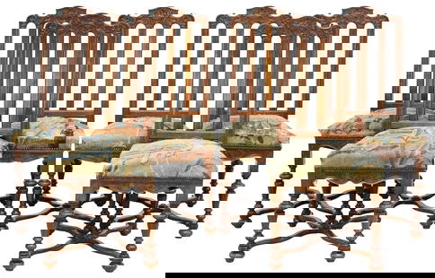(6) FRENCH LOUIS XIV STYLE CARVED OAK TAPESTRY-SEAT SIDE CHAIRS: (lot of 6) French Louis XIV style carved oak dining chairs, early 20th c., each having serpentine crest with floral urn flanked by opposing birds, pierced splat, above padded seat in worn verdure&nbsp